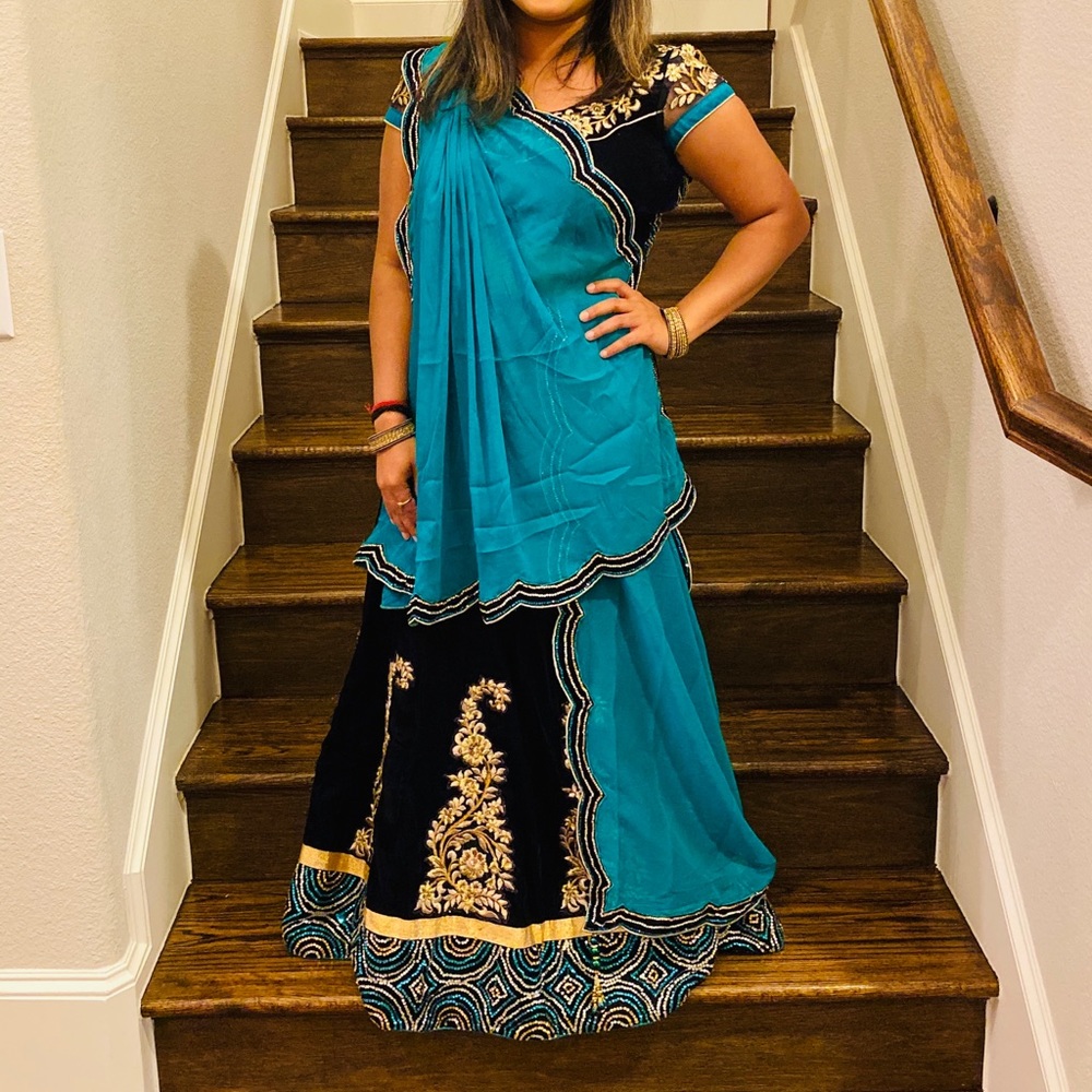 Velvet Indian Lehenga - Navy Blue and Green